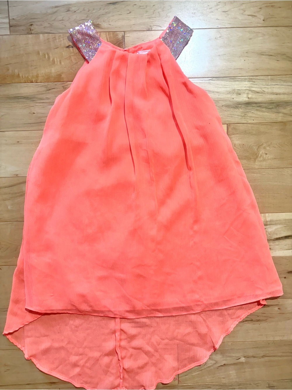 Lemon Kiss Girls Coral High-Low Dress w/ Sequin Straps Sz 4/5  Comfy lightweight